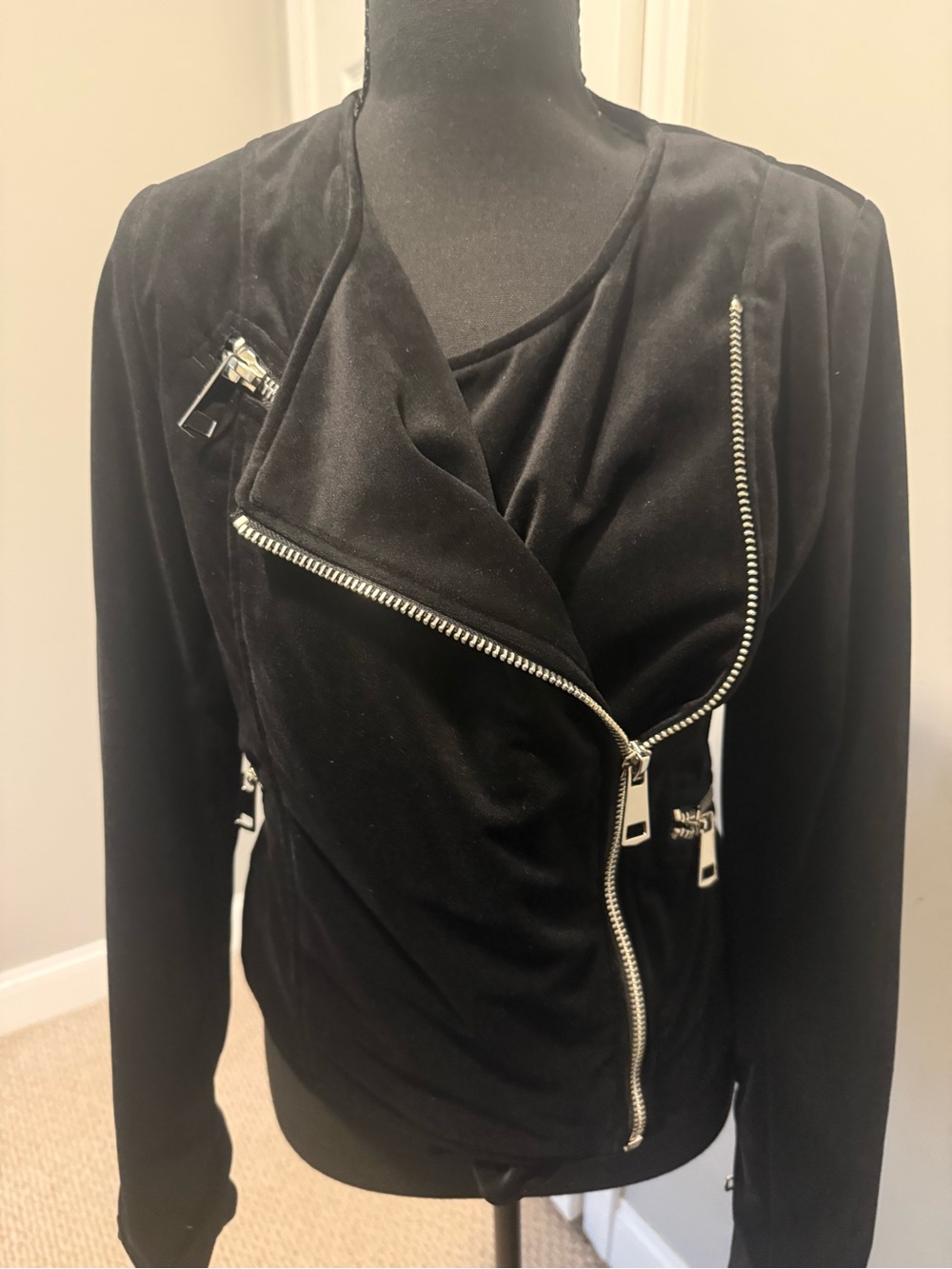 Free Generation Black Velvet Moto Jacket with Silver Zips, Size M